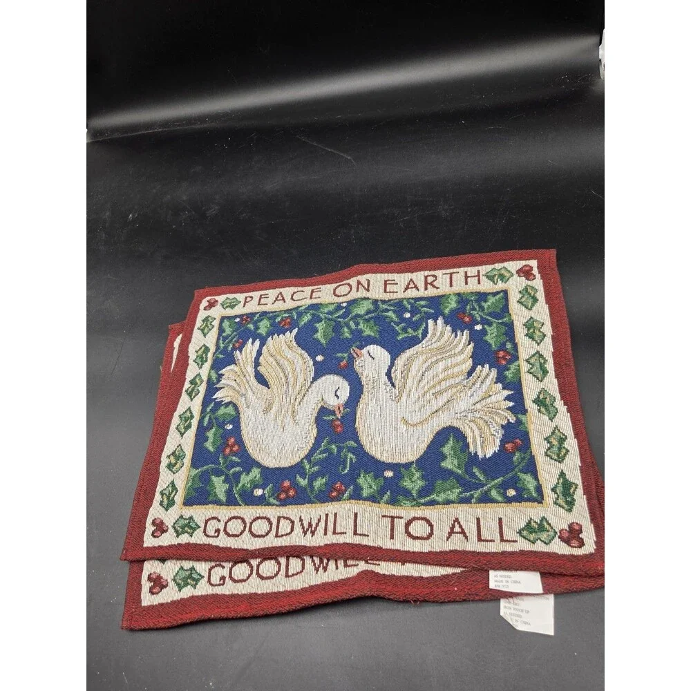 Vtg Christmas Tapestry Dove Peace On Earth Set Of 2 Placements Holiday Berry